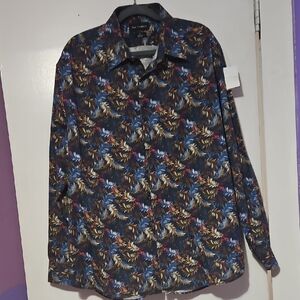 Paul Fredrick Navy Shirt with Multicolor Leaf Motif